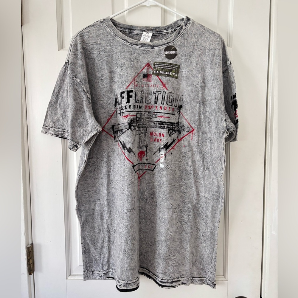 Affliction Men’s Gray Acid-Wash Graphic Tee with Red Accents